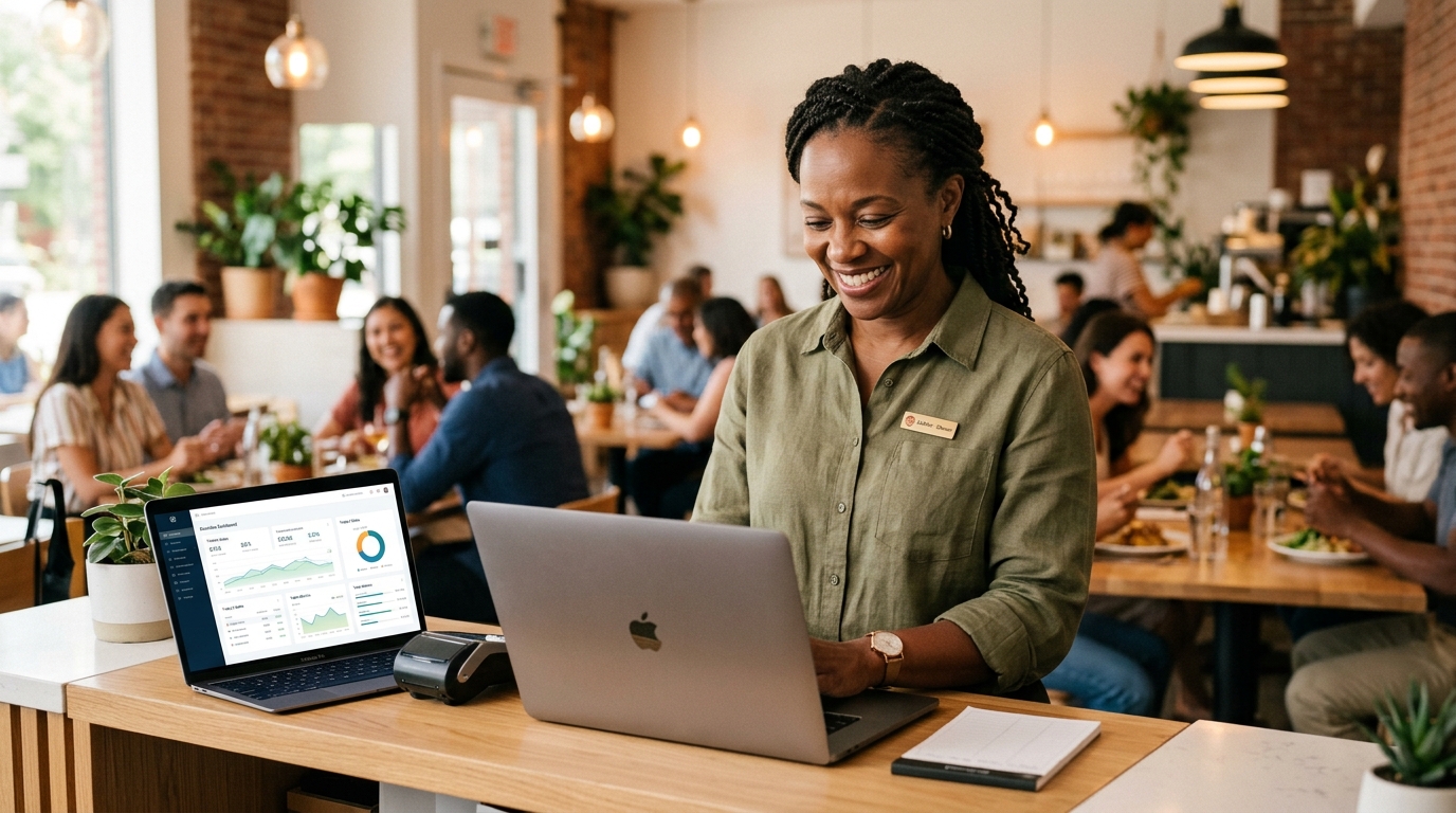 Restaurant owner confidently managing her permits on a laptop