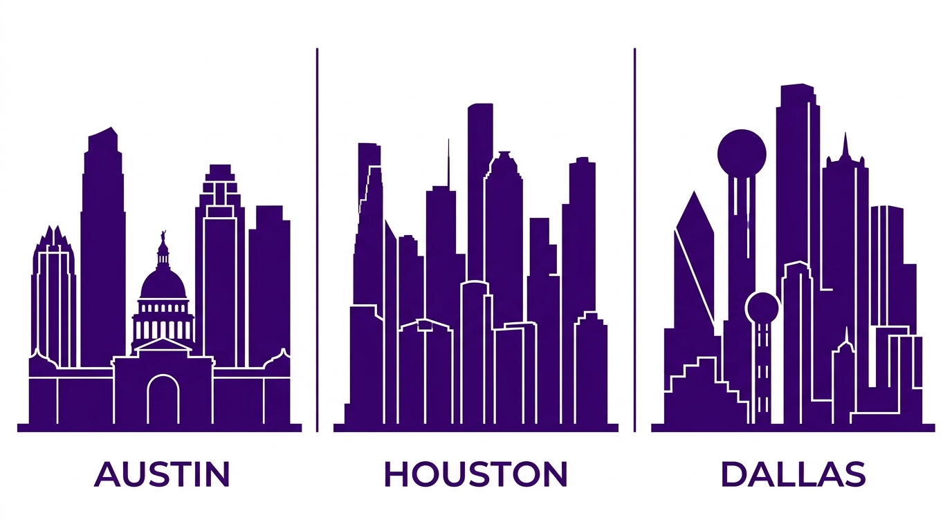 Austin, Houston, and Dallas skylines